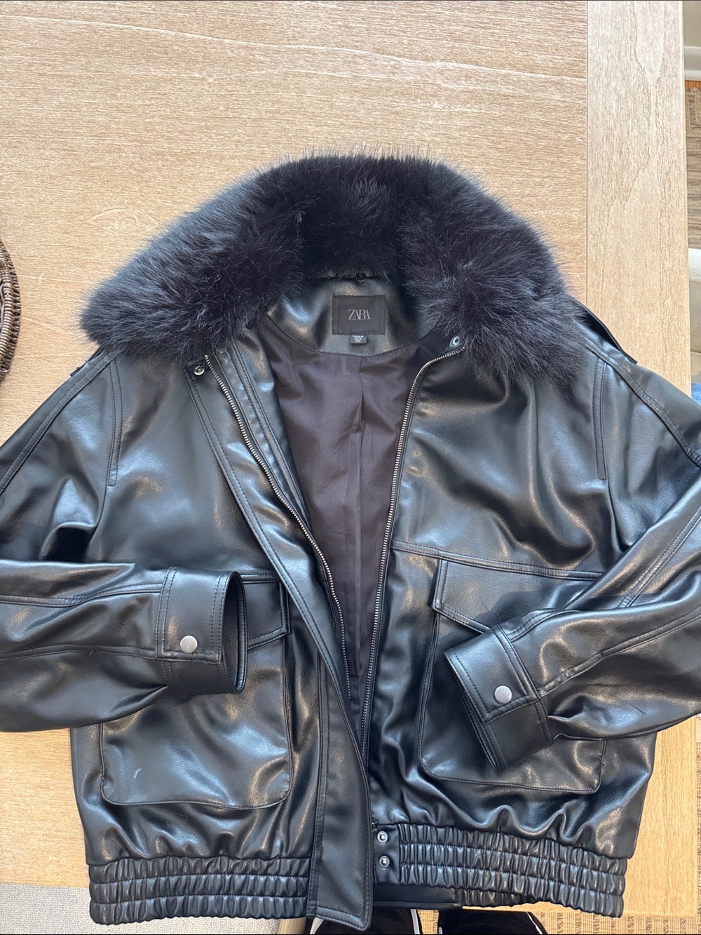 Zara Black Faux Leather Bomber Jacket with Fur Trim